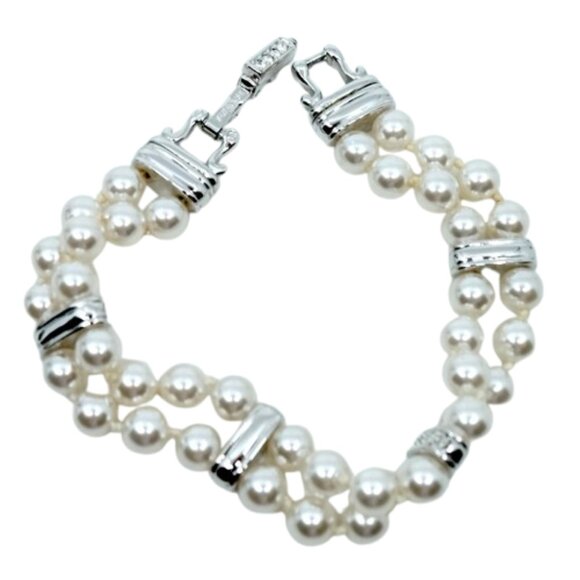 SWAROVSKI~Swan Signed~PEARL & CRYSTAL DOUBLE STRAND TENNIS BRACELET Like New - Picture 5 of 5